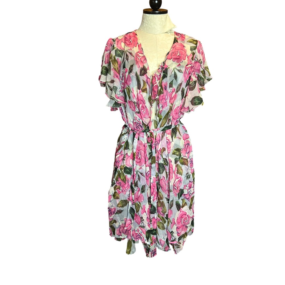 Lasoie SILK Pink Floral Rose Flutter Sleeve‎ Nightgown 2 Piece Lingerie VTG L